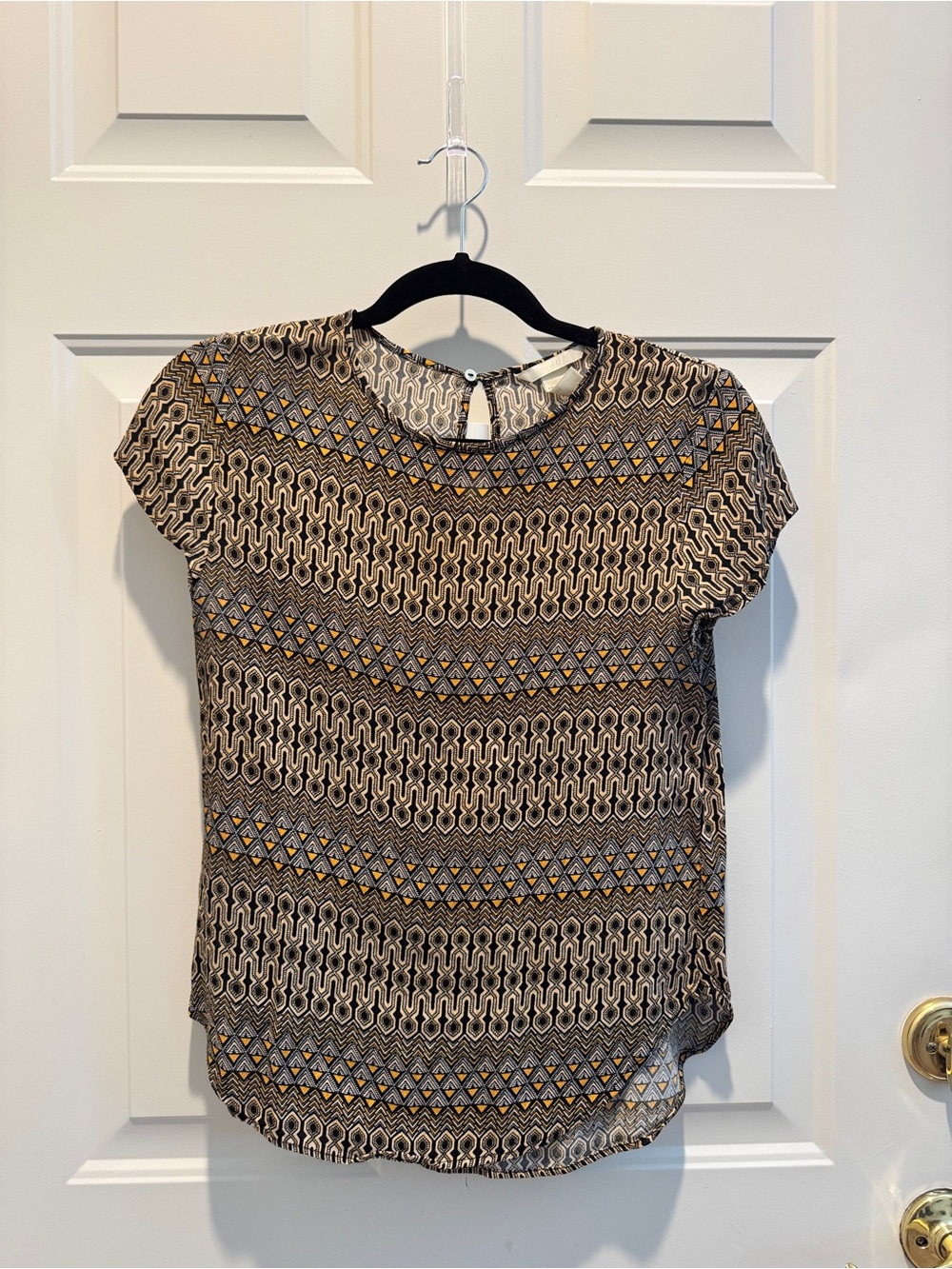 H&M Geometric Short Sleeve Blouse in Beige, Black & Gold